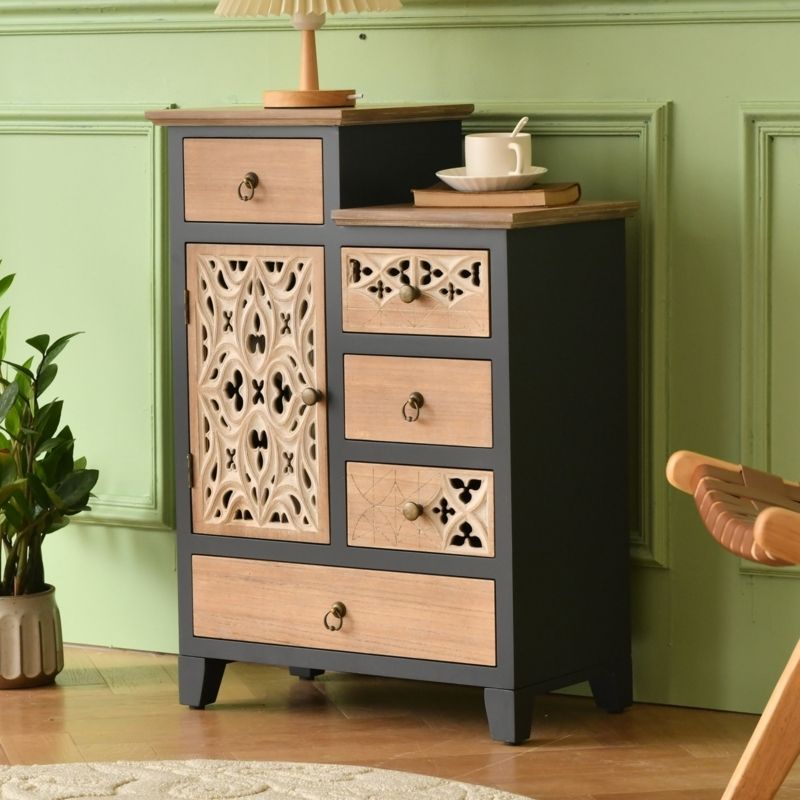Fienley Farmhouse 30.6'' Tall 1-Door Carved Wood Accent Chest With 5-Drawers, Rich Natural,Blue | Foter