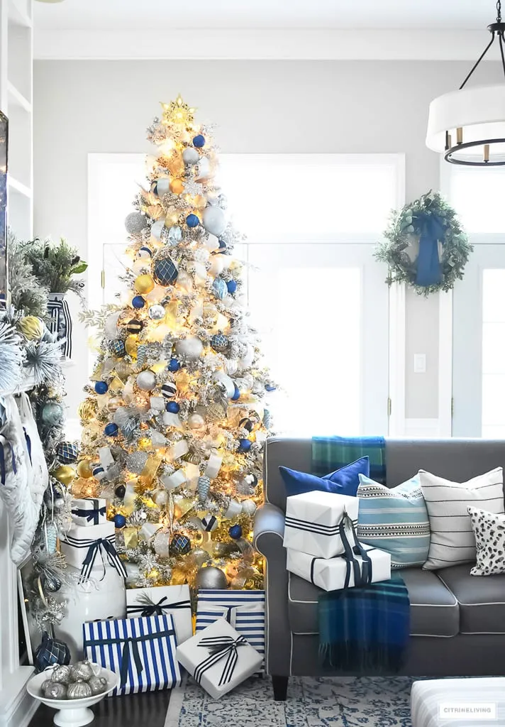 Flocked Christmas Tree Decor: Blue, Silver + Gold - CitrineLiving