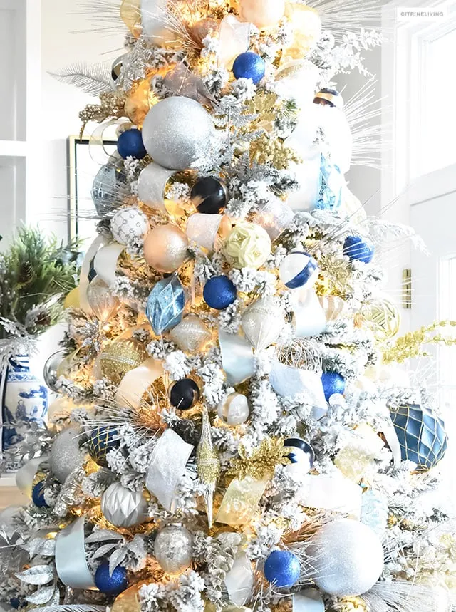 Flocked Christmas Tree Decor: Blue, Silver + Gold - CitrineLiving