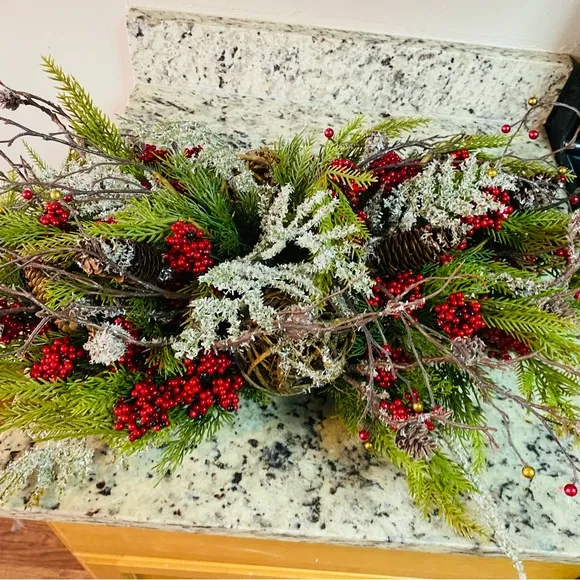 Frosted Fruit - Sugared Apple, Pears, Crated Berries with Berry and Pine Holiday Flocked Christmas Centerpiece