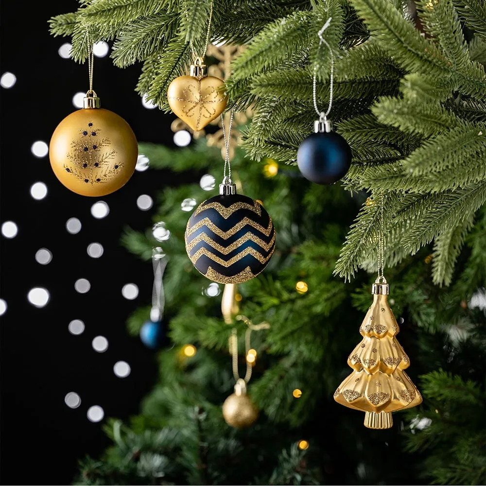 Glam and Glittered Gold and Blue Elegant Christmas Ornament Set, 70 Assorted Balls, Trees, Snowflakes, and