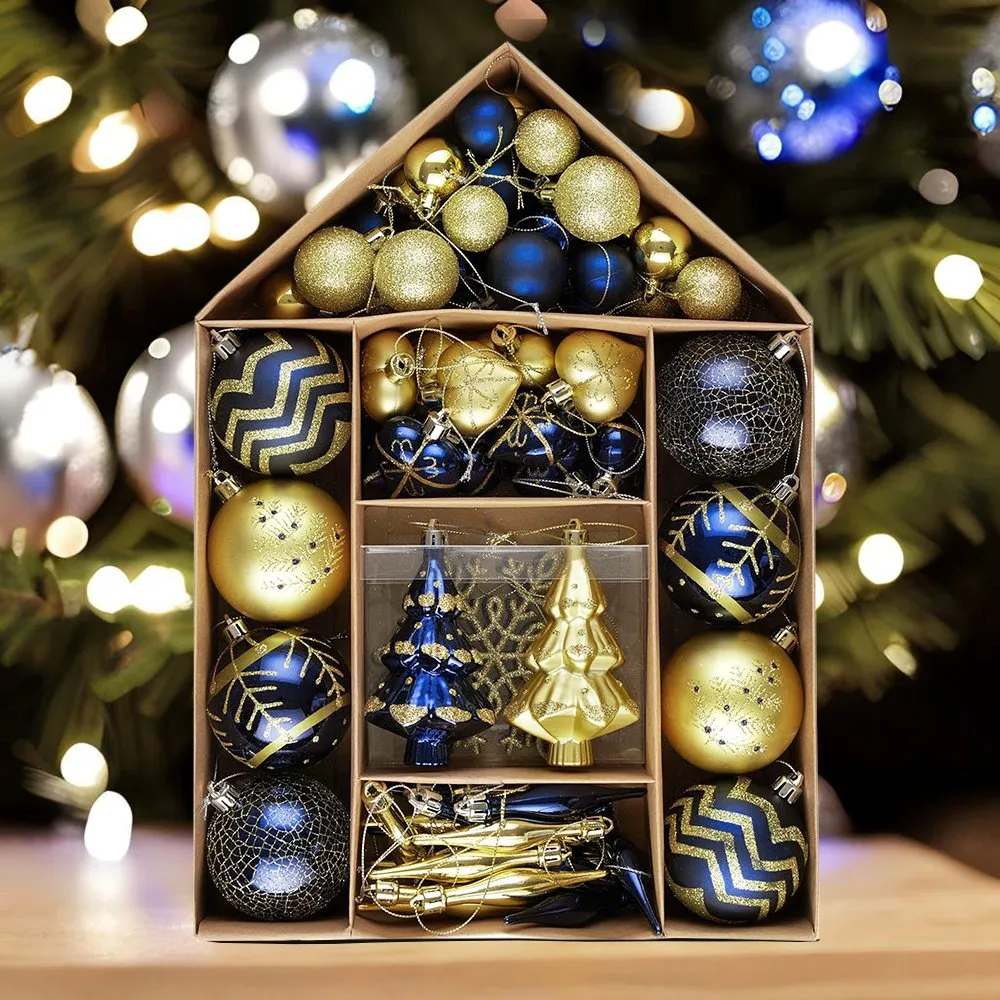Glam and Glittered Gold and Blue Elegant Christmas Ornament Set, 70 Assorted Balls, Trees, Snowflakes, and
