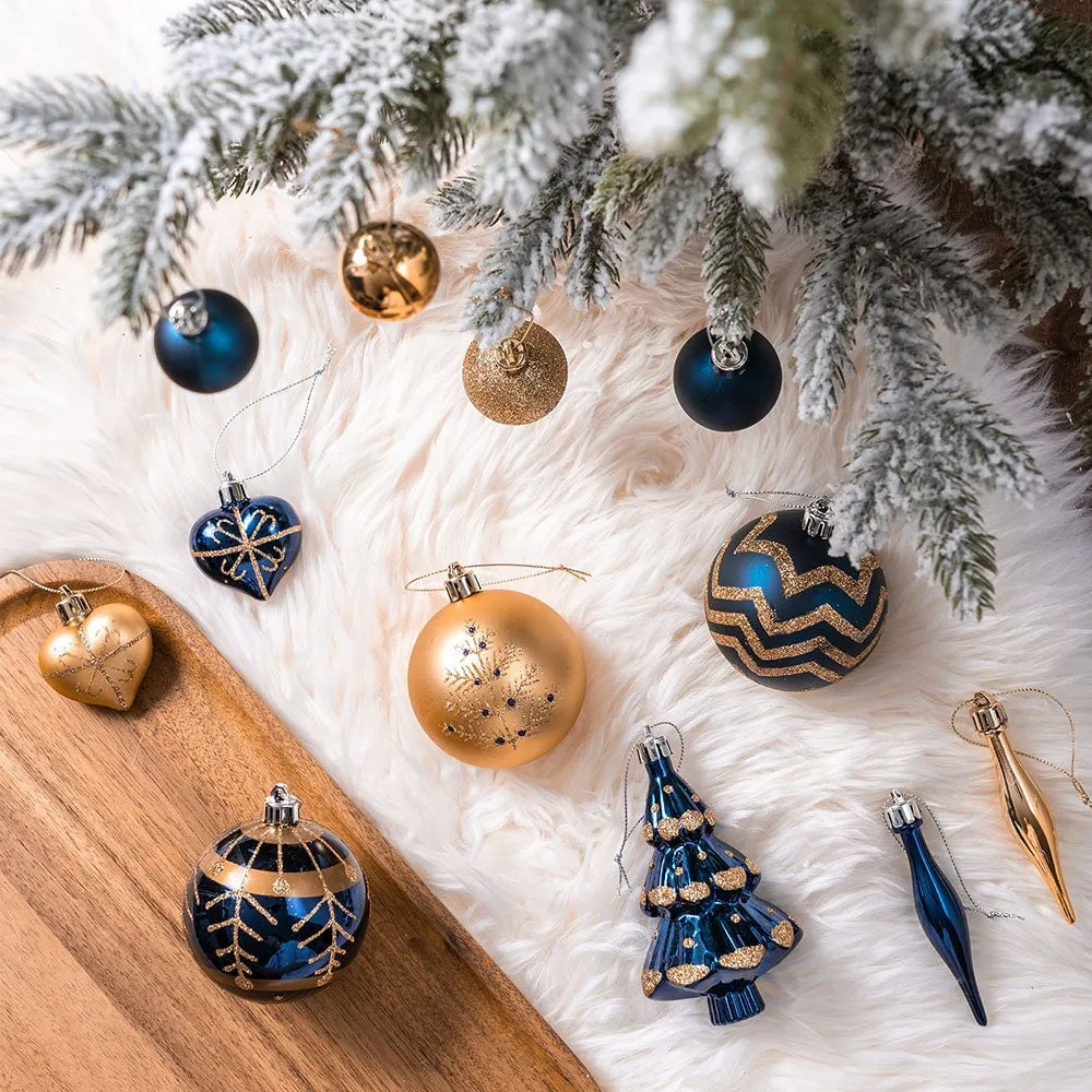 Glam and Glittered Gold and Blue Elegant Christmas Ornament Set, 70 Assorted Balls, Trees, Snowflakes, and