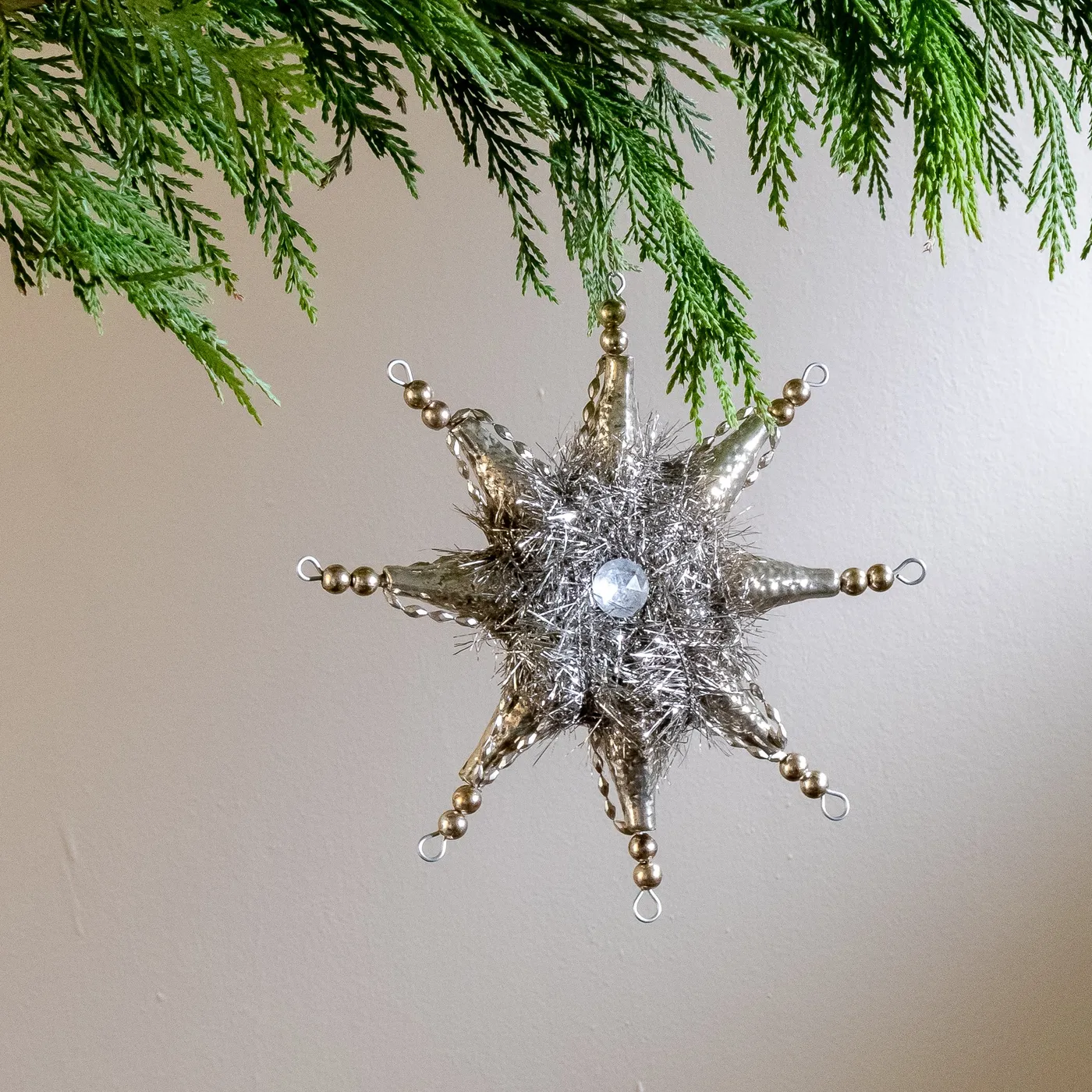 Glass Beaded Silver Tinsel Ornament | Living Beautifully