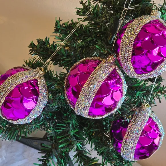 Glittering Fuchsia Holiday Ornaments New Large 3.5 Inch Handmade 4 Piece