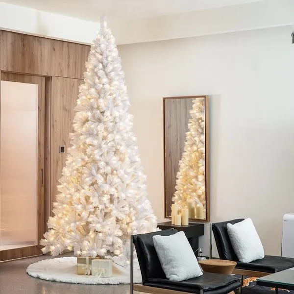 Glitzhome 8ft/10ft Pre-Lit Deluxe White Pine Slim Christmas Tree Lighted Fir Christmas Tree With