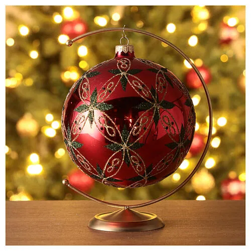 Glossy red Christmas ball with glittery leaves, blown glass, 150 mm |  online sales on HOLYART.co.uk