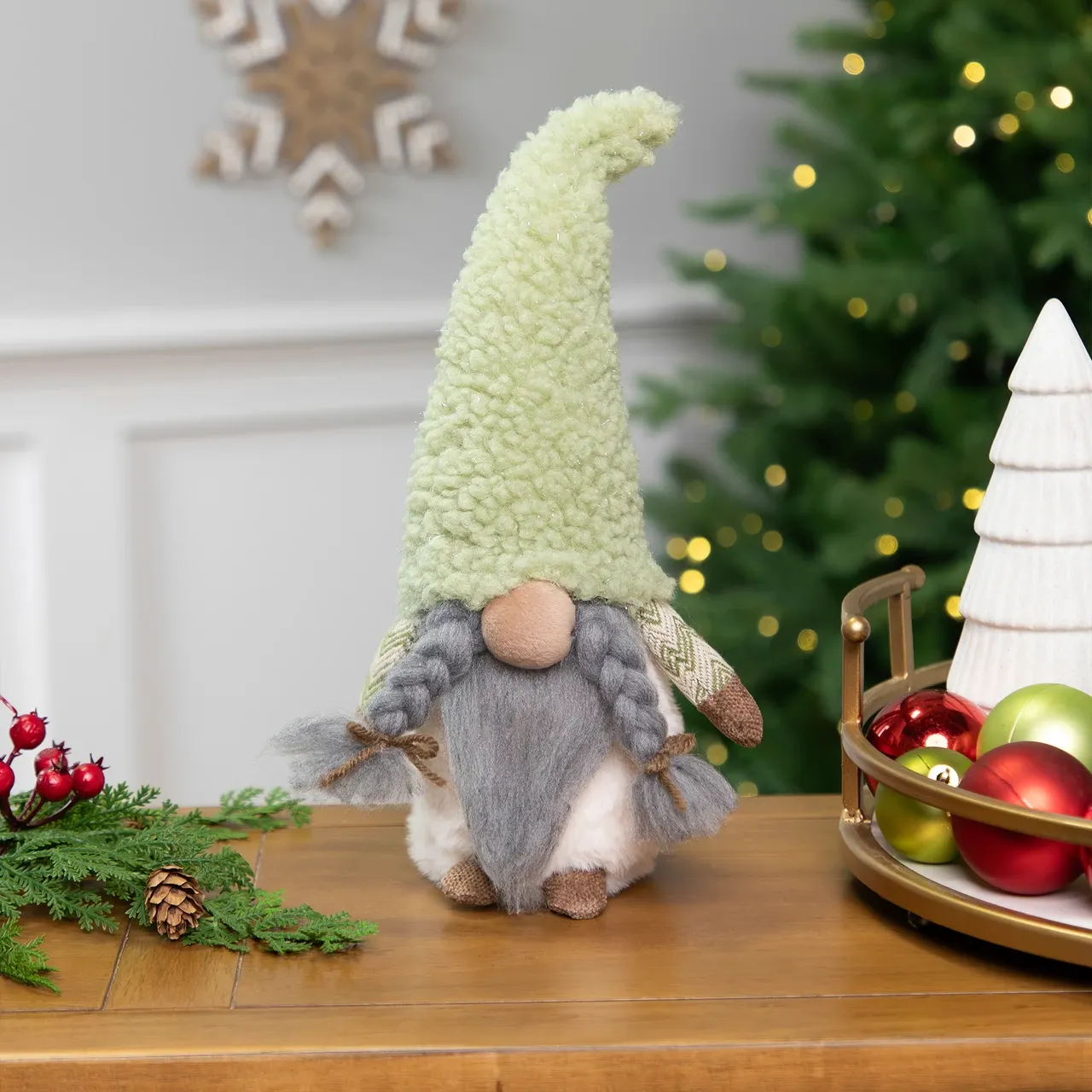Gnome Girl in Faux Fur Hat Christmas Figure - 12' - Green