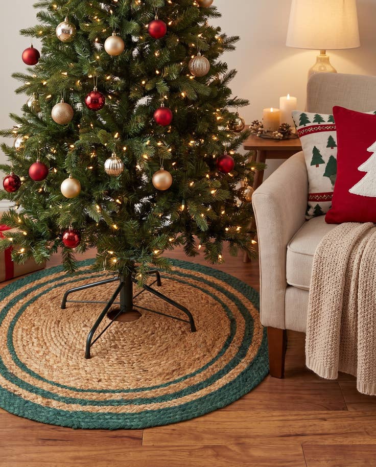 Green and Natural 65cm x 65cm Hand Braided Christmas Tree Skirt | AU Rugs