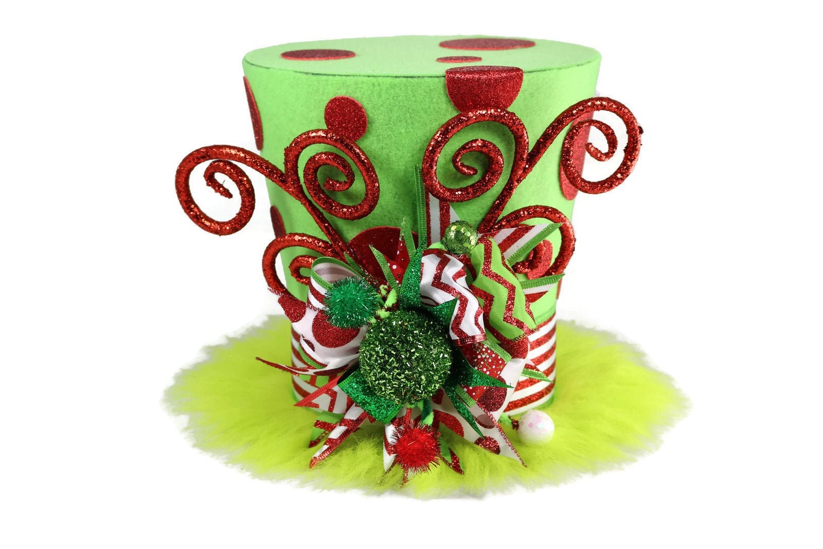 Green fur and red polka dots character themed, Christmas tree topper,  whimsical Christmas theme, Green furry monster inspired decor