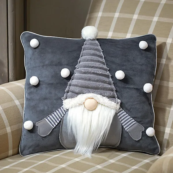 Grey Gonk Cushion & Insert - Festive Christmas Pillow & Cover Novelty Home  Decoration with Pom Poms & Fluffy Beard - H33 x W33cm
