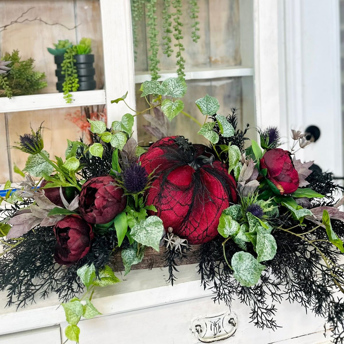 Halloween Flower Centerpiece Table CHENMEI Halloween Artificial Flowers Decorations Black Roses Pumpkins With Vase Arrangements Halloween Table Centerpiece For Kitchen Dining Living Room Home Indoor