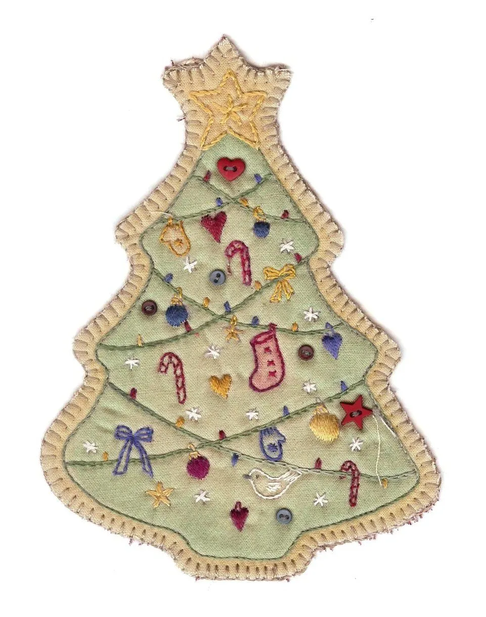Hand Embroidery Holiday Keepsake Ornaments Tea Dyed –Vintage Holiday Tree #5 | W. Cushing & Co