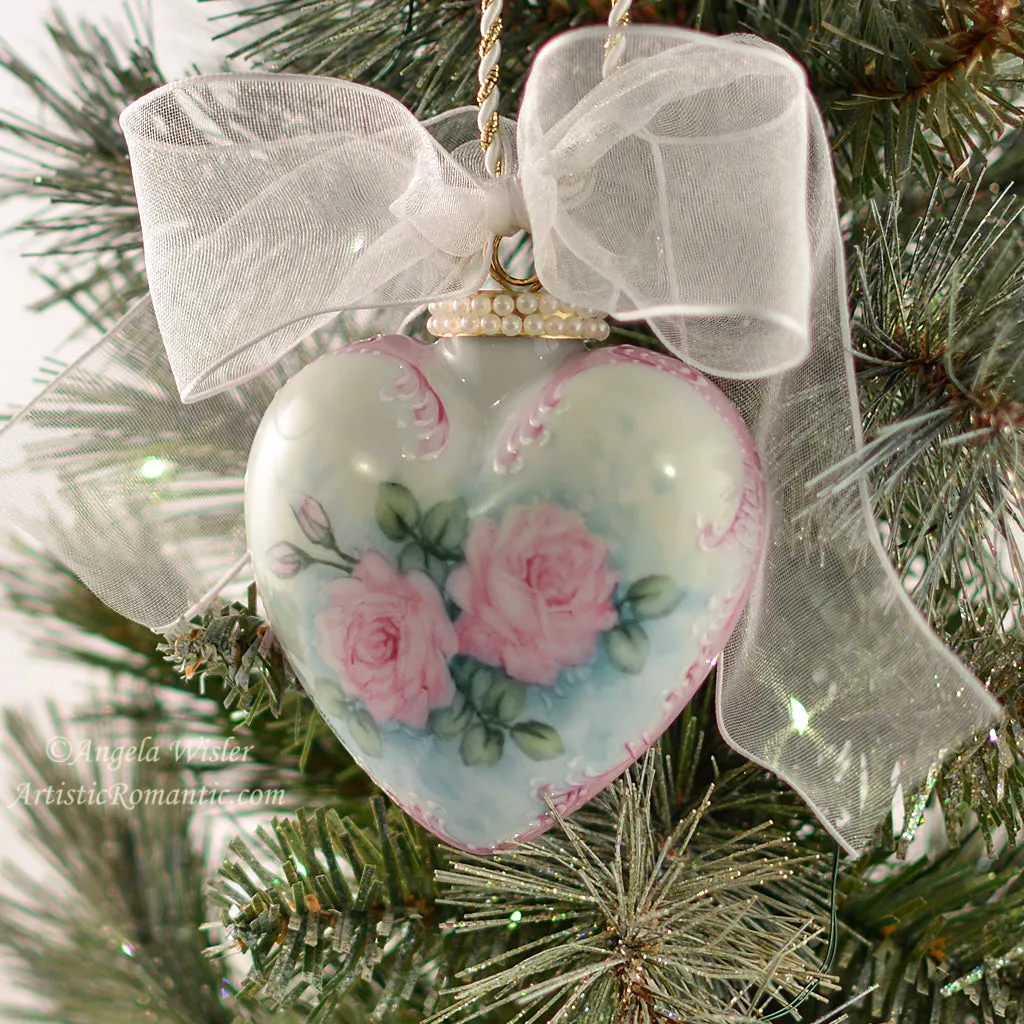 Hand Painted Pink Rose Porcelain Christmas Ornament Shabby Chic Holida -  Artistic Romantic