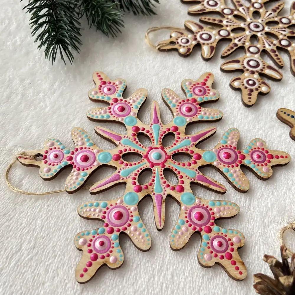 Handcrafted Snowflake Mandala Ornament – Pink and Turquoise