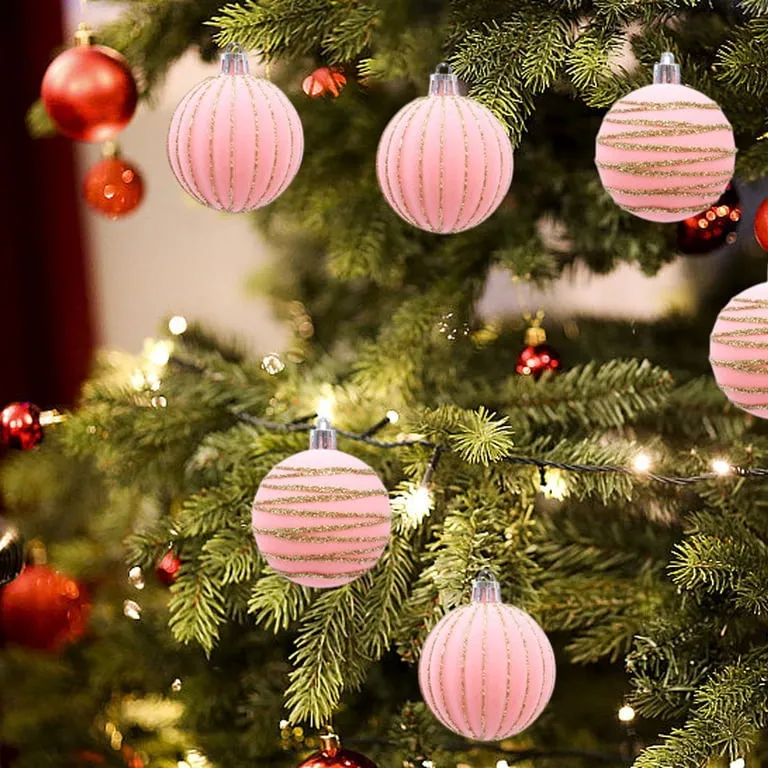 HBBKVI Set of 12 Pink Flocked Christmas Ball Ornaments, 2.4in Glitter Gold  Pattern, for Christmas Tree Holiday Decor - Walmart.com