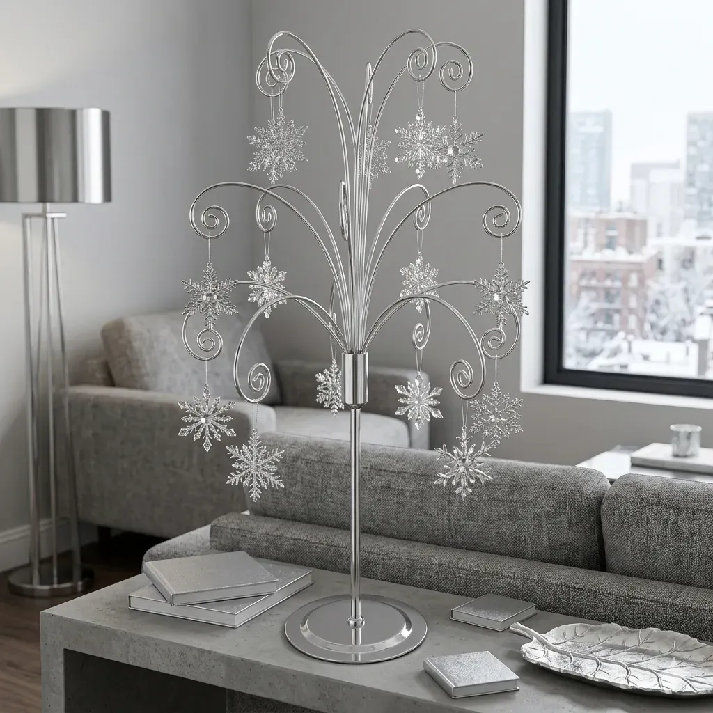 HOHIYA 20 Inch Ornament Display Tree with 15 Hooks Silver Chrome Tabletop Christmas Ornament Stand