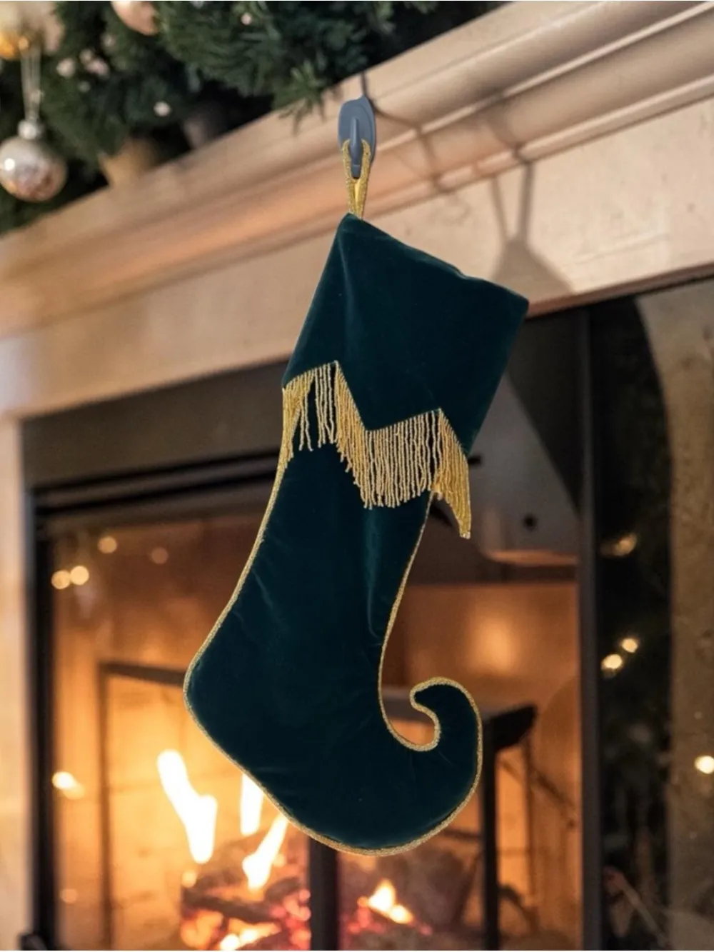 Holiday | Vintage Whimsical Elf Boot Dark Green Velvet Beaded Fringe Christmas Stocking | Poshmark