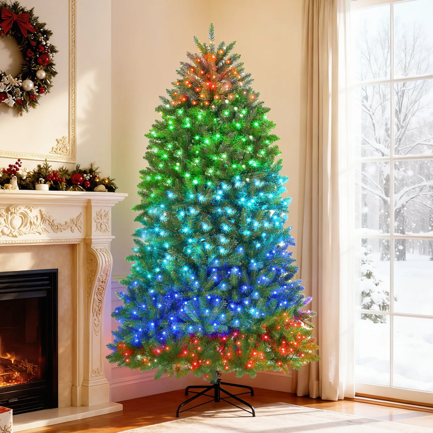 HOMCOM 6ft Prelit Christmas Tree with Full-Spectrum LEDs, Smart App Control, Wide Full Hinged Xmas Tree, Easy Assembly