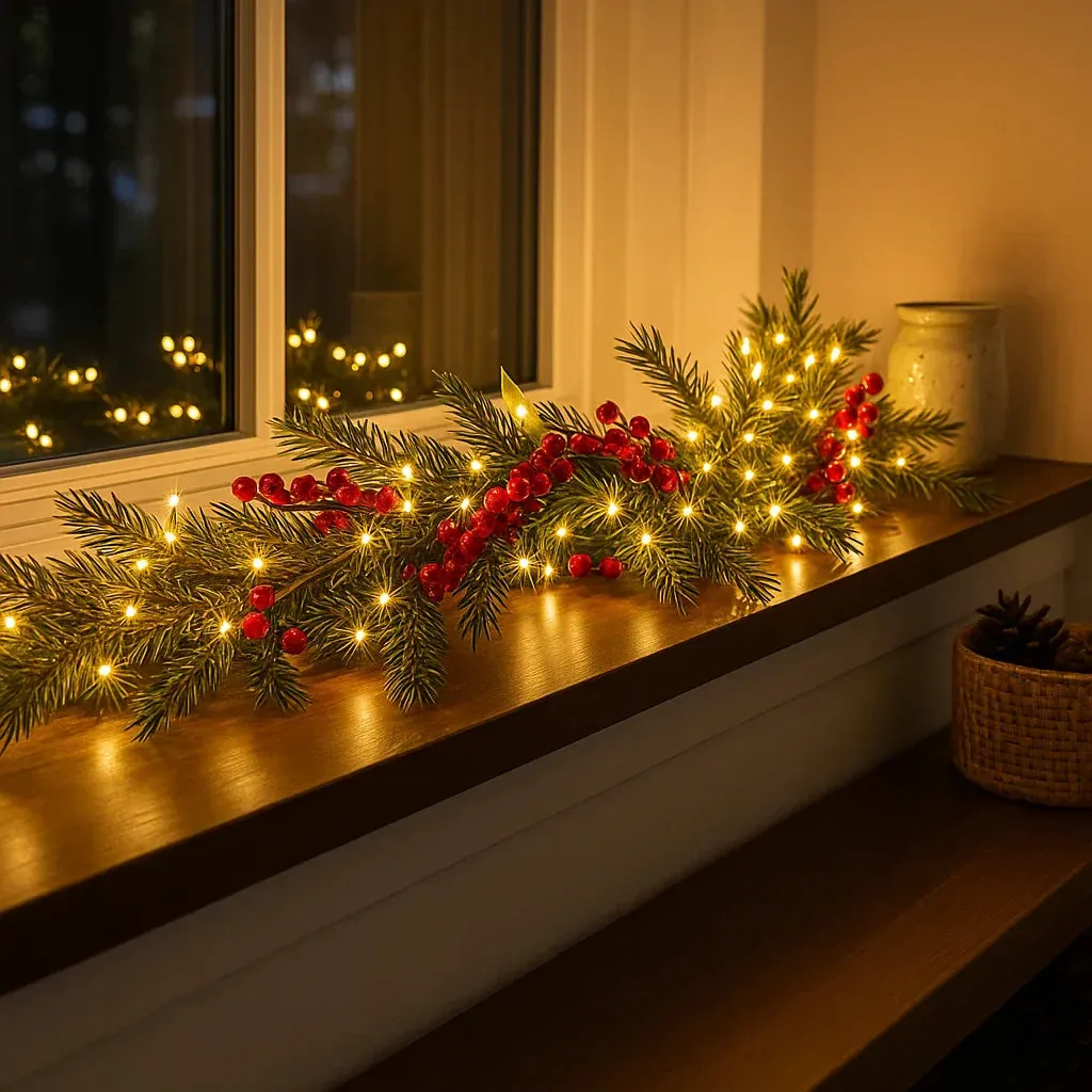 Illuminated Christmas Garland 180cm Warm White LED Red Berries | Sansoti