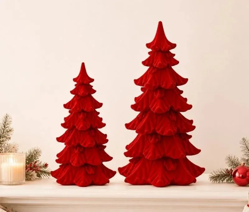 Large Red Velvet Flocked Christmas Tree Decoration H27cm