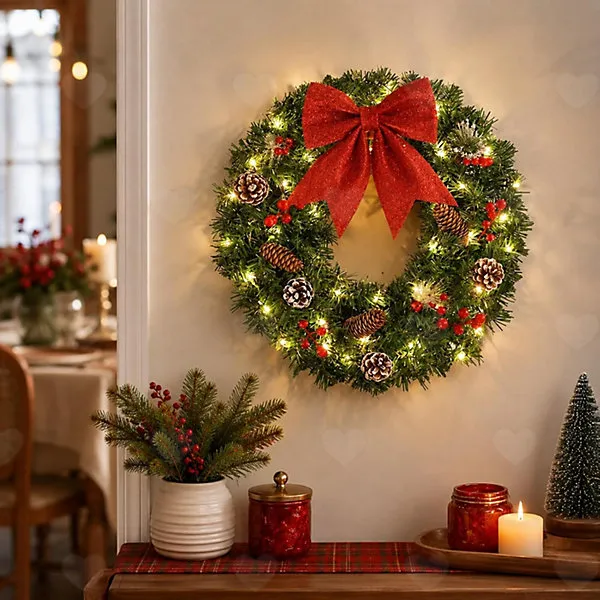 LED Lighted Christmas Wreath 40cm, Artificial Pine Wreath with Red Bowknot,  Berries Pinecones, Festive Wreath for
