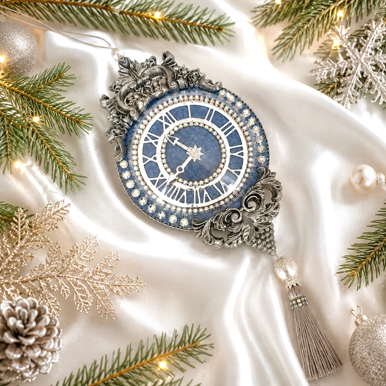 Light Blue Velvet Christmas Clock Ornament