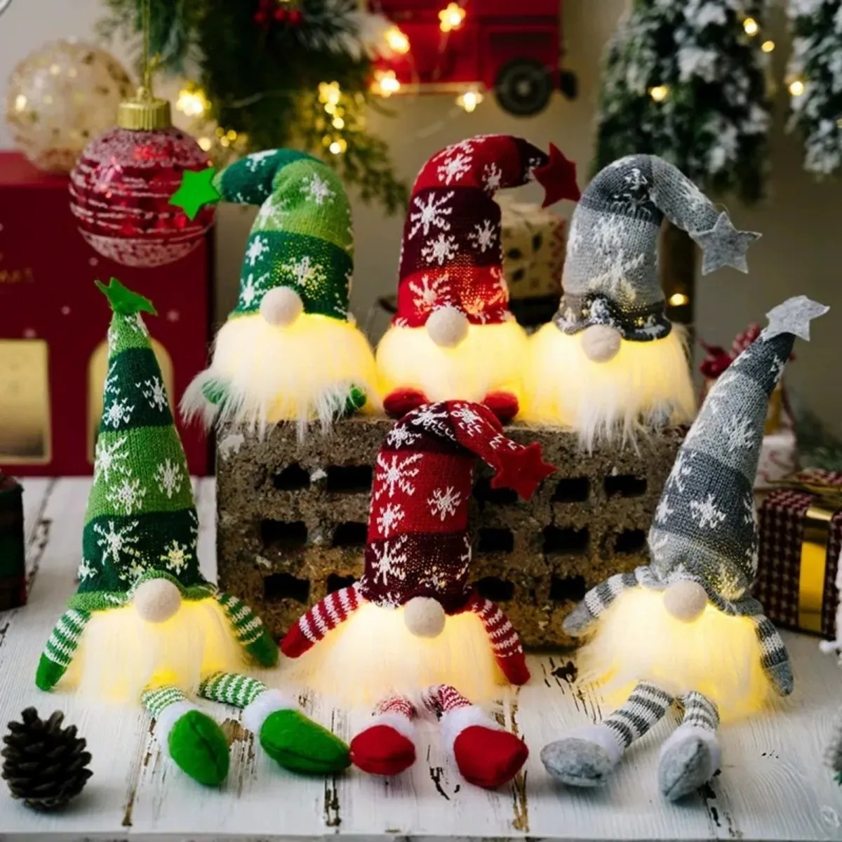 Lighted Christmas Gnomes Set of 3 | Handcrafted Nordic Tomte Holiday Decor  with LED Lights | Red Green Grey Knitted Figures for Mantle Shelf Tabletop  by Kouvr
