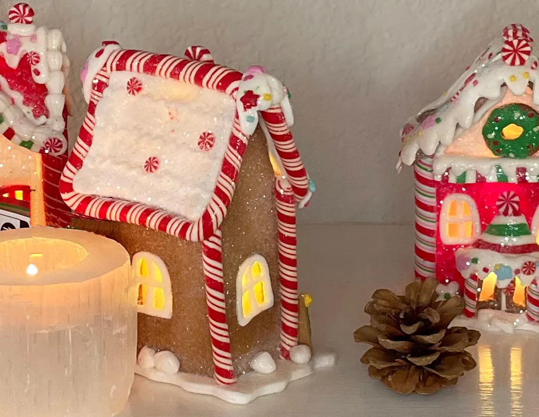 Lighted Gingerbread House Christmas Decorations, Set of 4, Clay Dough - Richards Expo