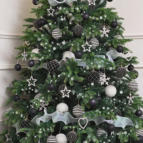 Melody Maison Set of 3 Round Black & White Stripe Rope Christmas Tree Baubles - 8cm