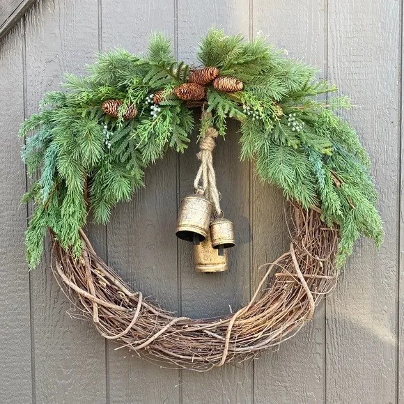 Merry Bells Keep Ringing Front Door Christmas Wreath Holiday Rustic Holiday Wreath with Bells