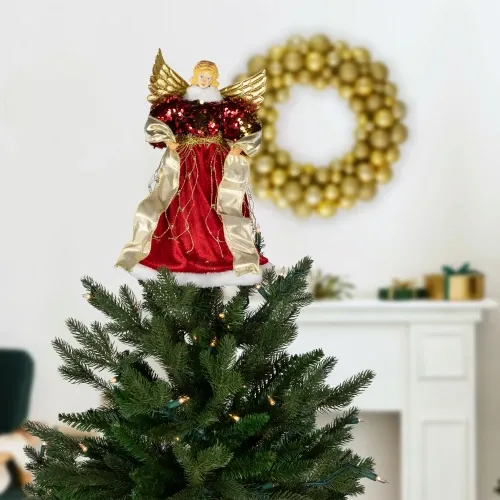 Metallic & Sequin Angel Christmas Tree Topper - 12' - Red & Gold - Unlit | Christmas