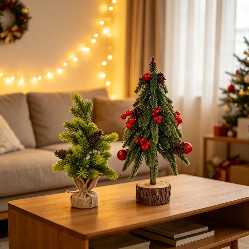 Mini Artificial Christmas Tree Tabletop Ornament with Linen & Wood Slice  Base Small Xmas Desktop Decor for Home Shop Window | Lazada Singapore