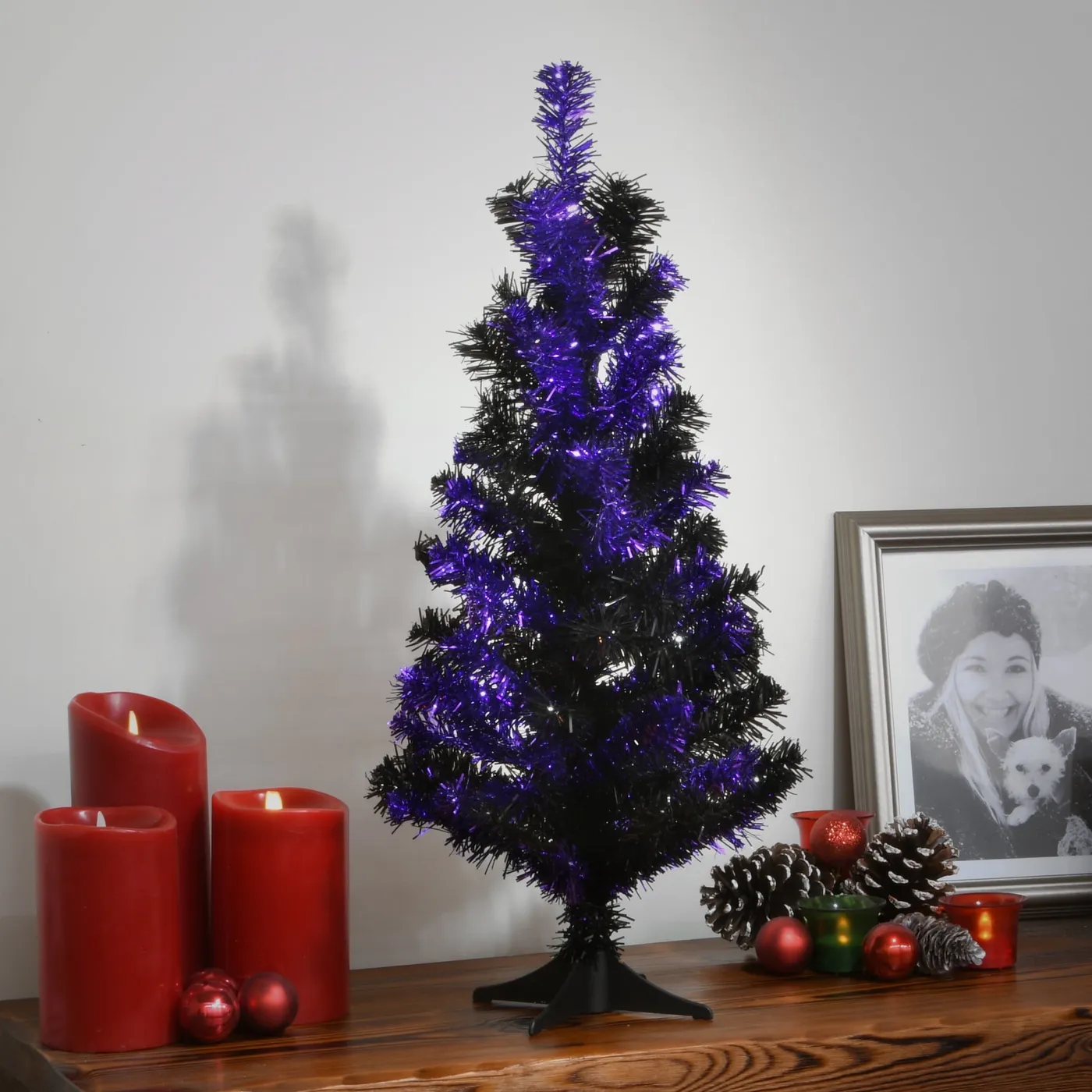 National Tree Company 2 ft. Artificial Halloween Tree, Black and Purple,  Tinsel, Unlit, Icludes Stand