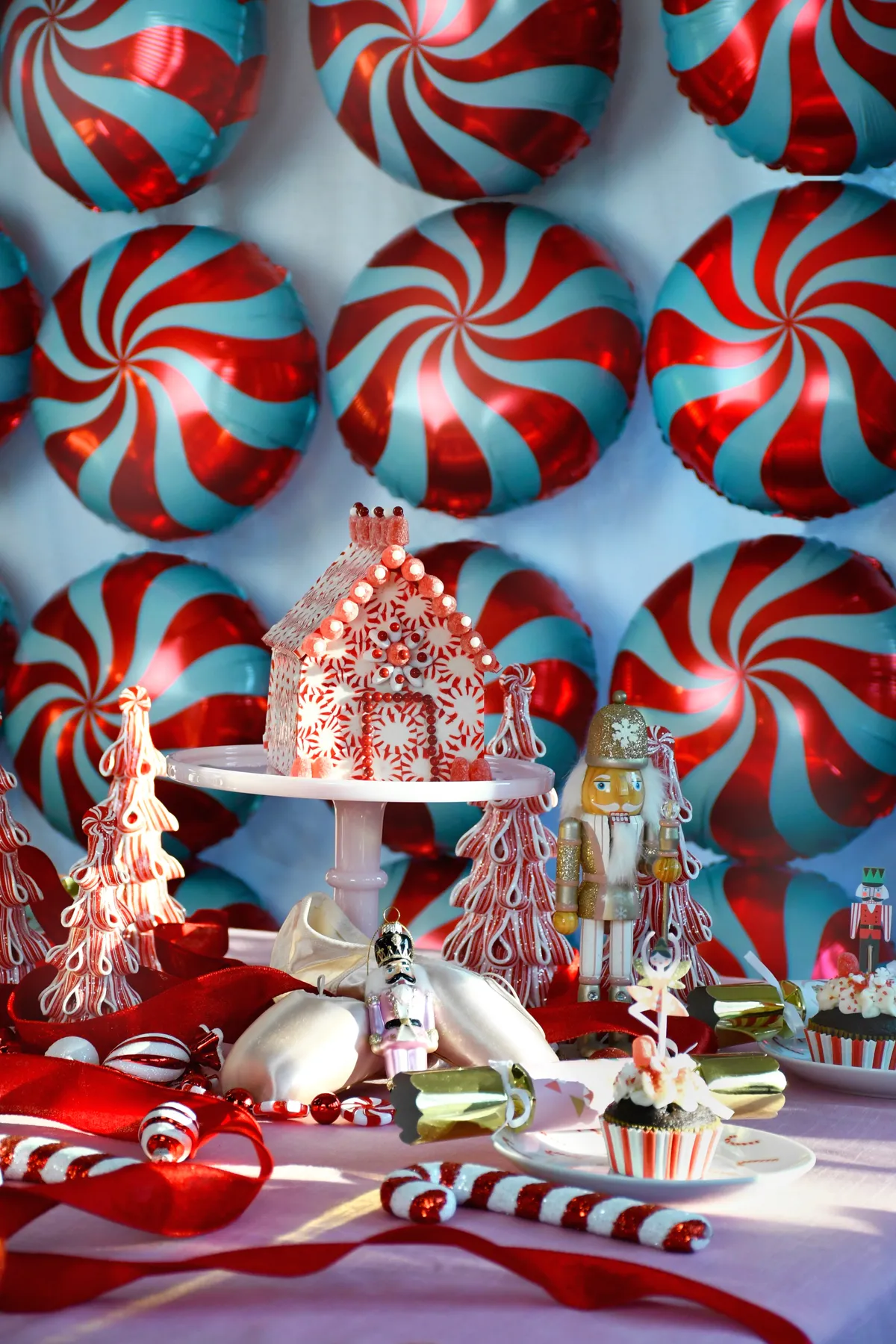 Nutcracker inspired peppermint land of sweets dessert tablescape