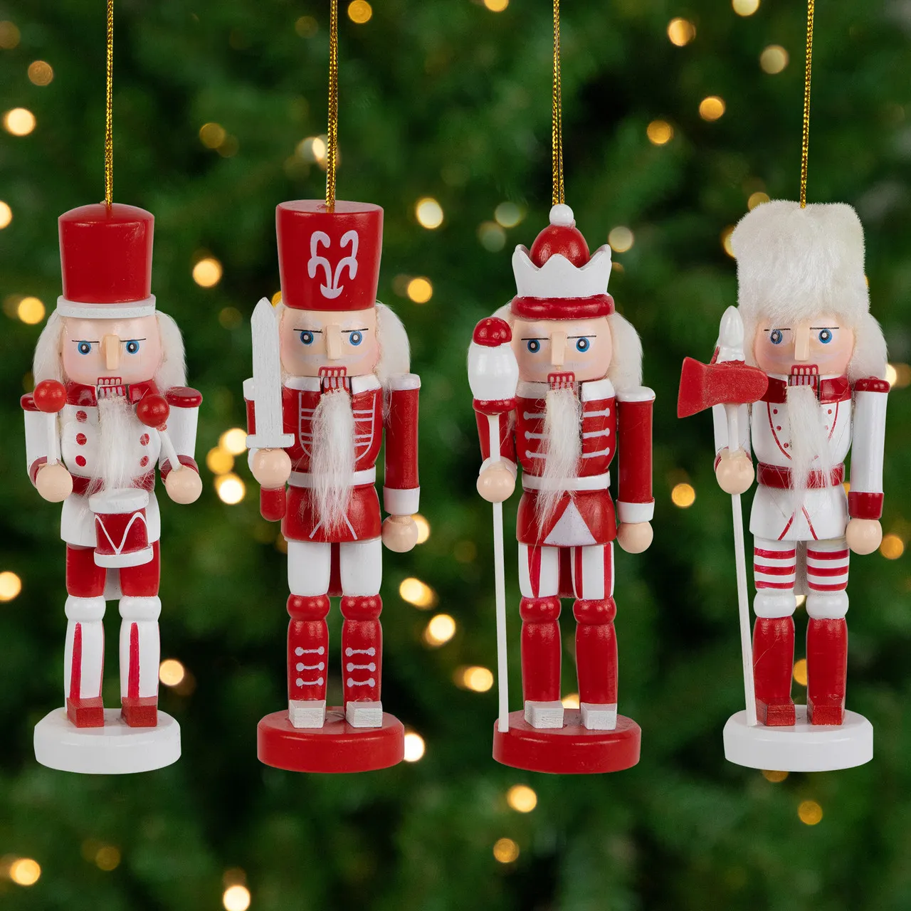 Nutcracker Soldiers Wooden Christmas Ornaments - 5' - Red & White - Set of 4 | Christmas