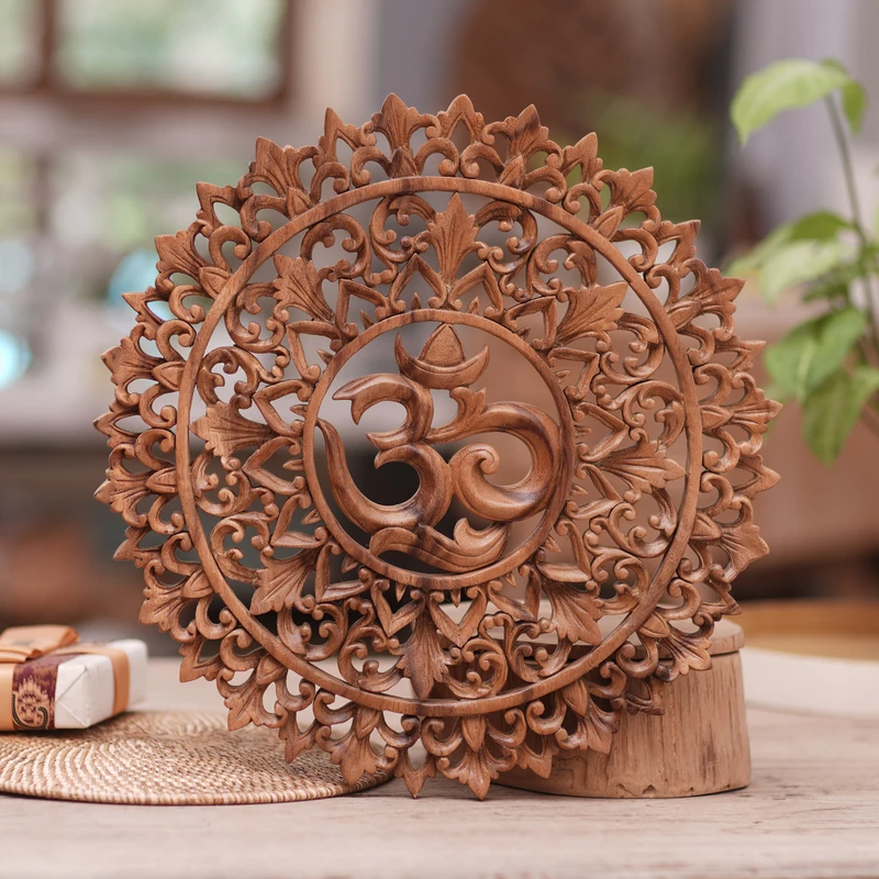 Om Symbol Carved Wood Wall Relief Panel from Bali, 'Florid Om'