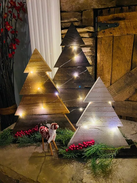 Outdoor Christmas Wood Decorated Tree Christmas Trees Rustic Wooden Christmas Trees Farmhouse Front Porch Christmas Decor