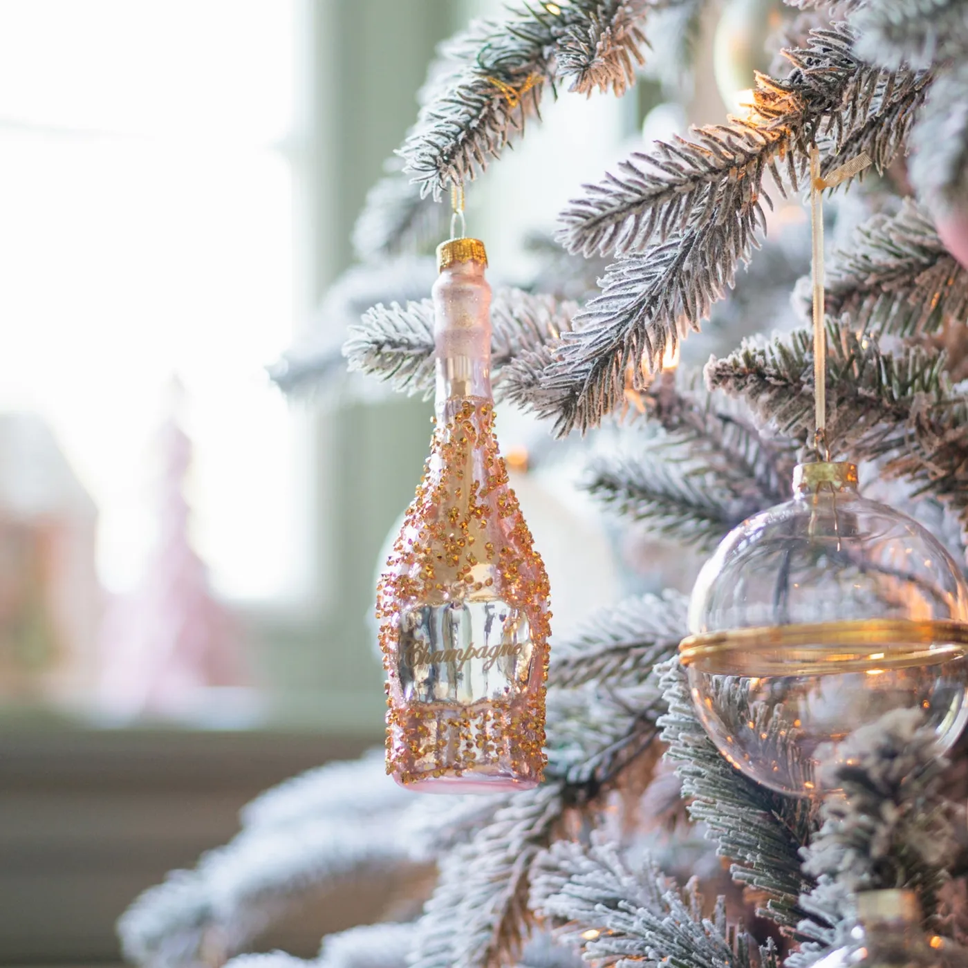 Pastel pink glass champagne bottle Christmas ornament