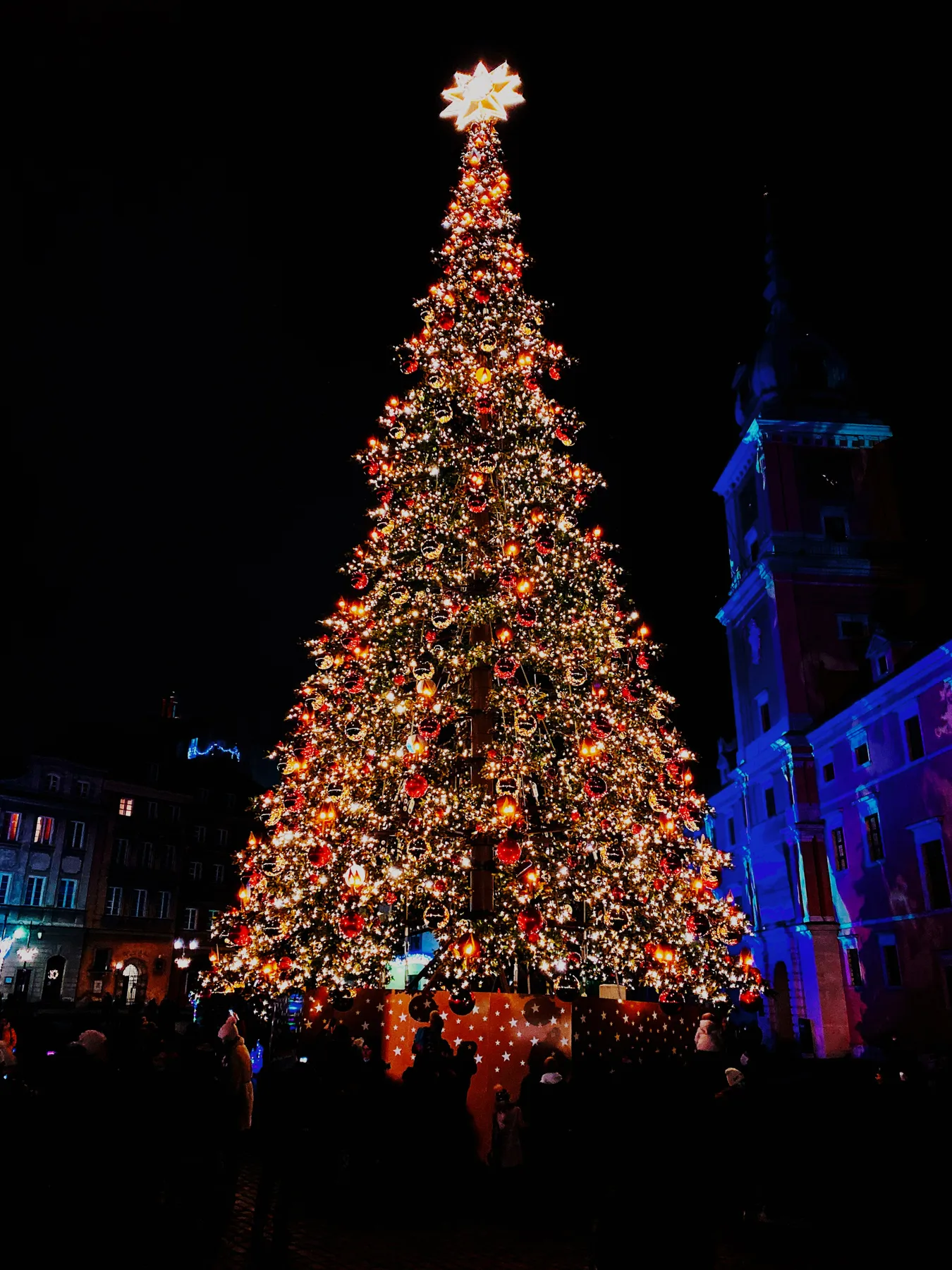 people walking on street near christmas tree with string lights during night time
