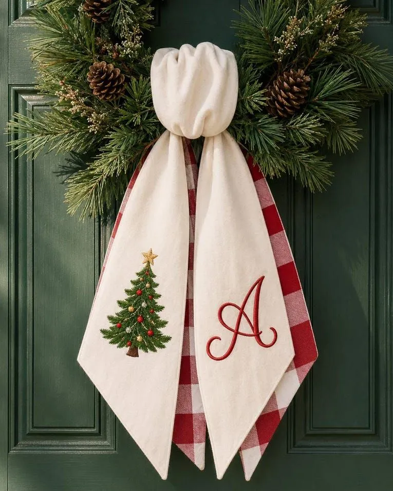 Personalized Christmas Wreath Sash - Custom Embroidered Monogram, Buffalo Check Door Ribbon, Farmhouse Holiday Decor, Rustic Plaid