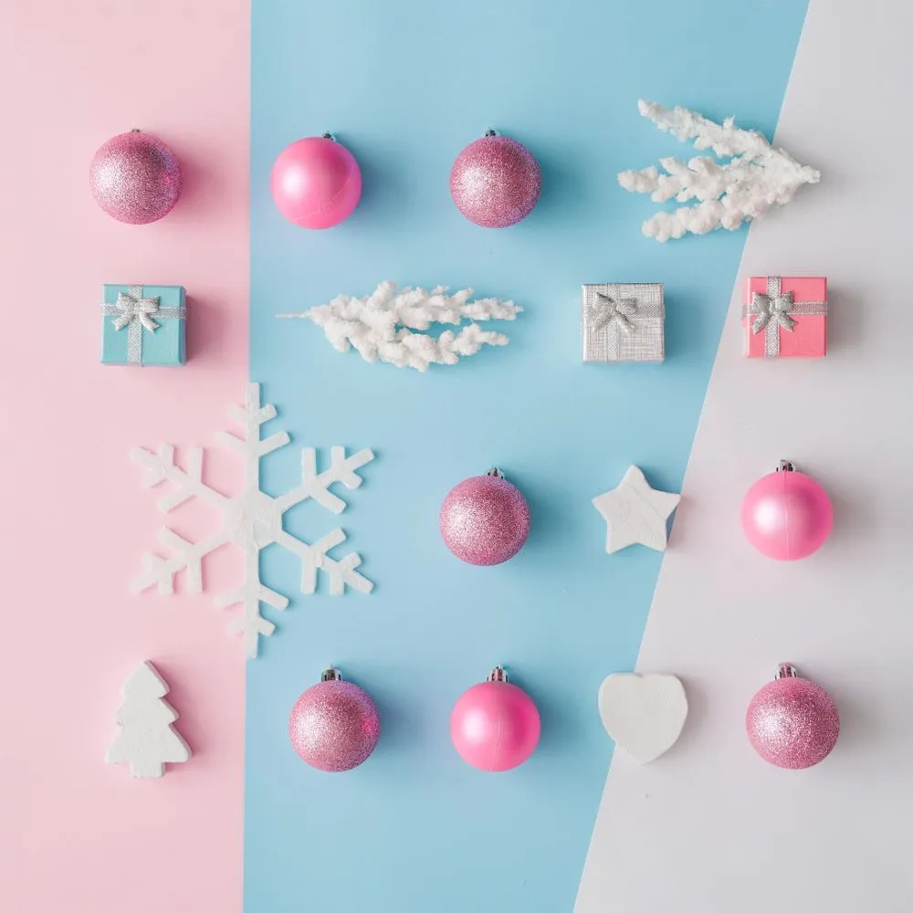 Pink, blue and light-colored Christmas decorations on pastel pink and blue background - Free Photo (0JgZZ5) - Noun Project