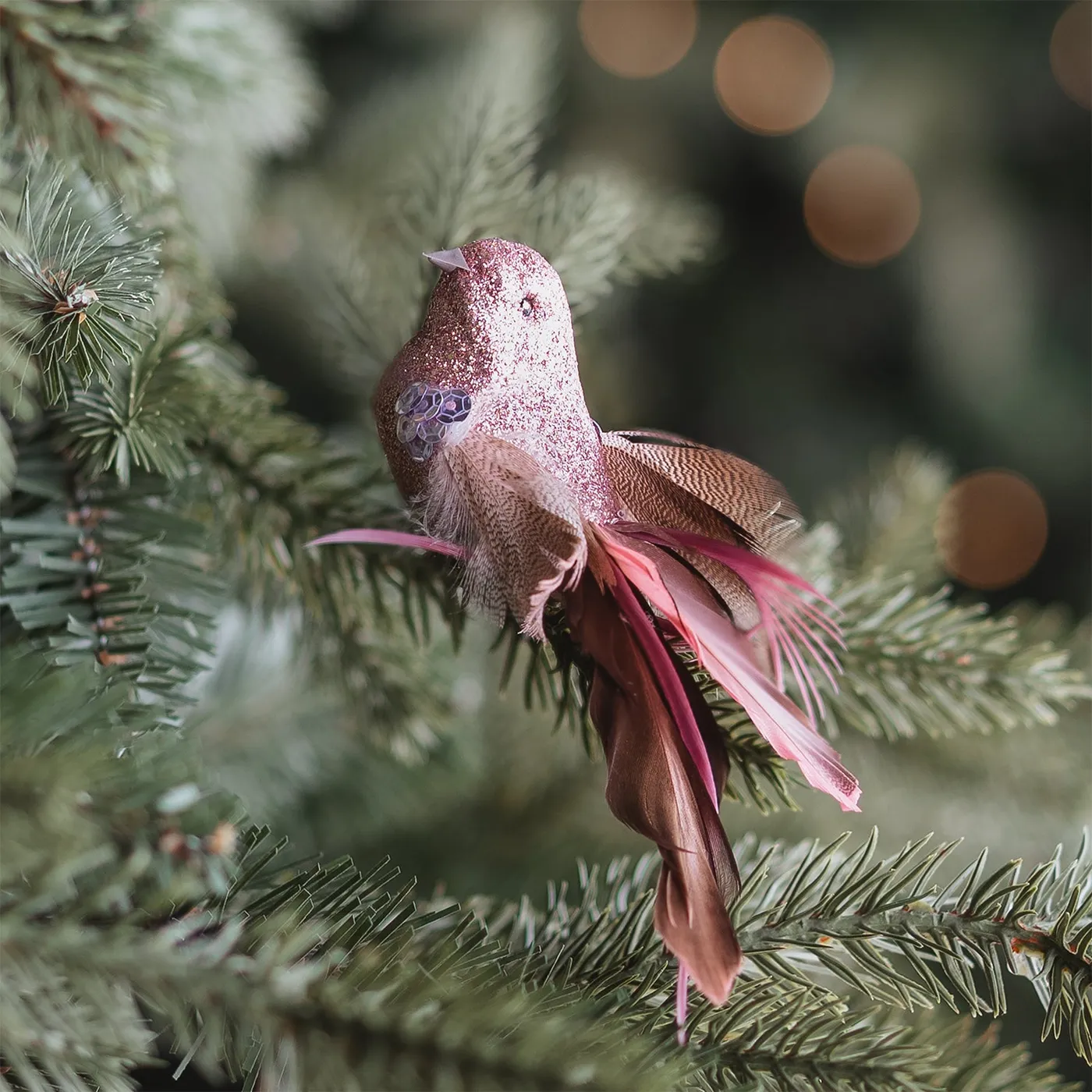 Pink glitter clip-on Christmas bird with long tail