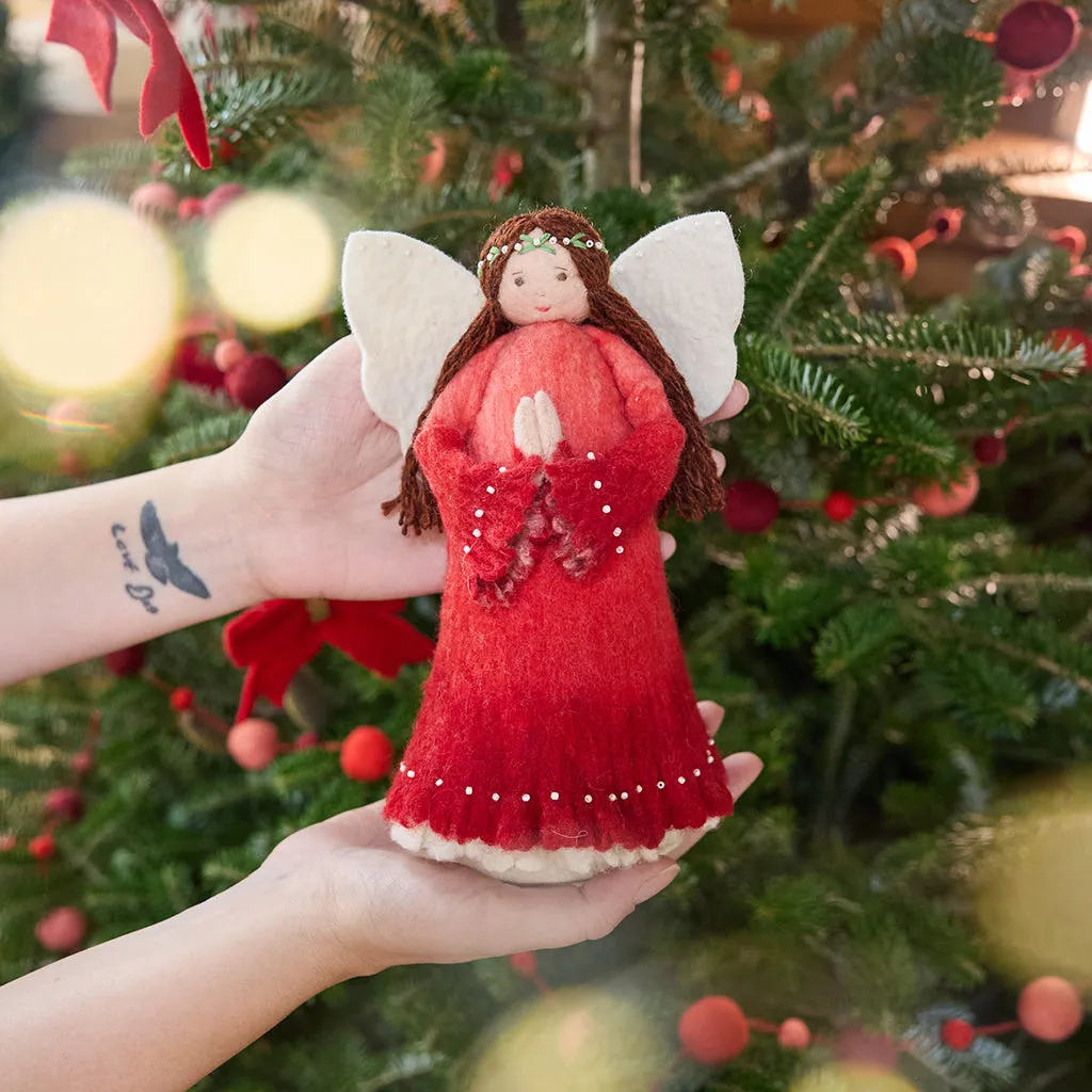 Praying Angel Tree Topper – Handmade Felt Red Christmas Angel – Craftspring