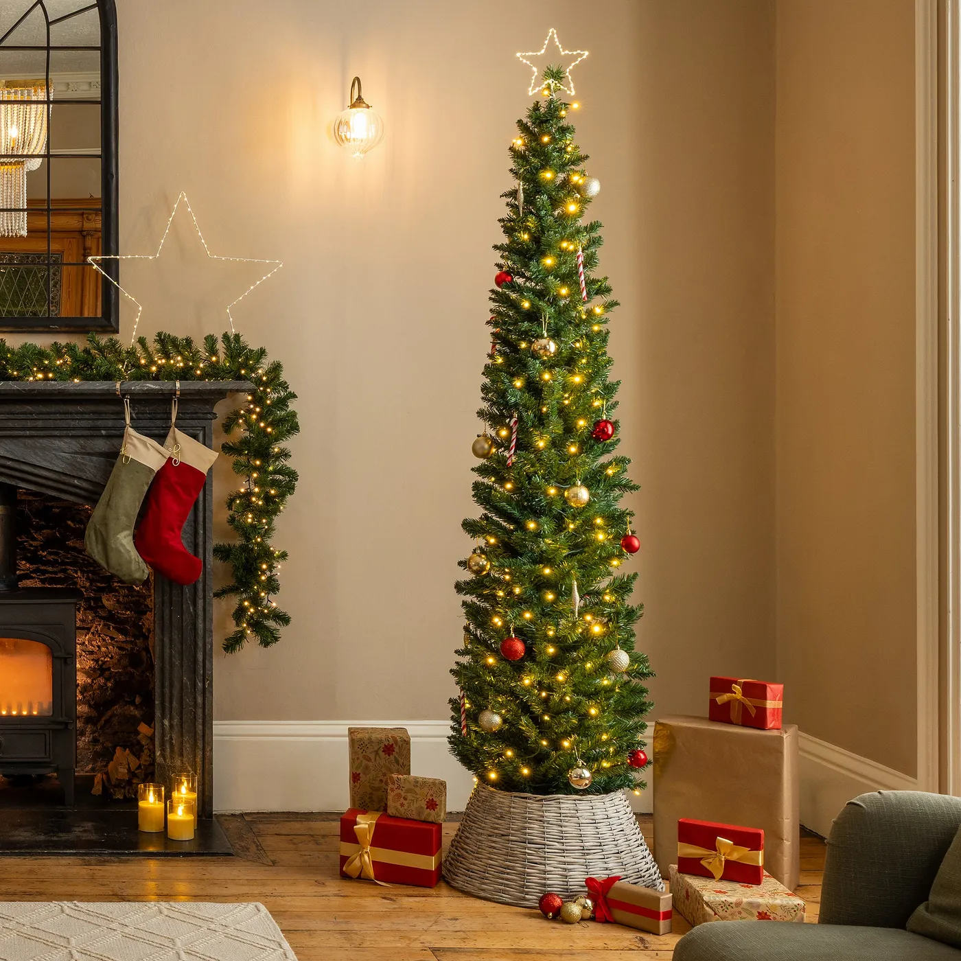 Pre-Lit Artificial Pencil Christmas Tree | 5ft–7ft | Christow