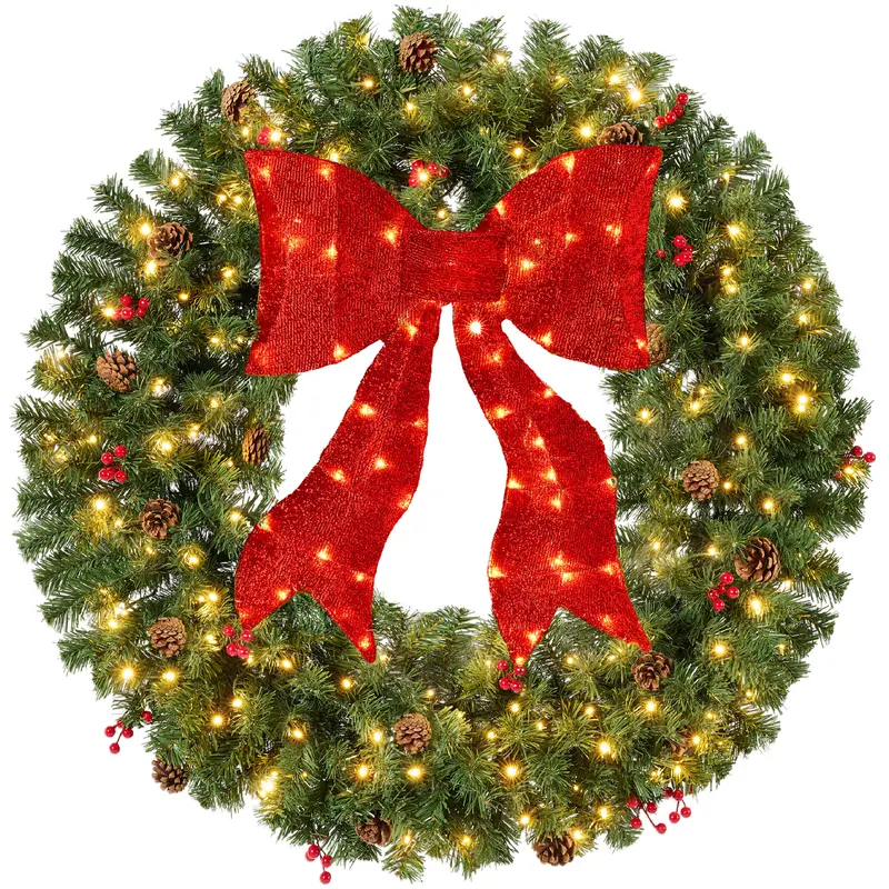 Pre-Lit Berry and Pinecone Wreath with Lit Red Bow