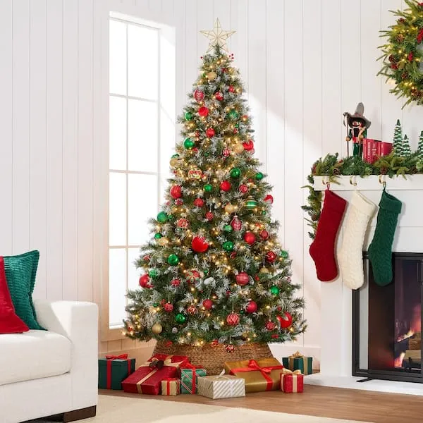 Pre-Lit Christmas Pine Tree w/ Pine Cones, Flocked Branch Tips Prelit 6ft Xmas Tree With