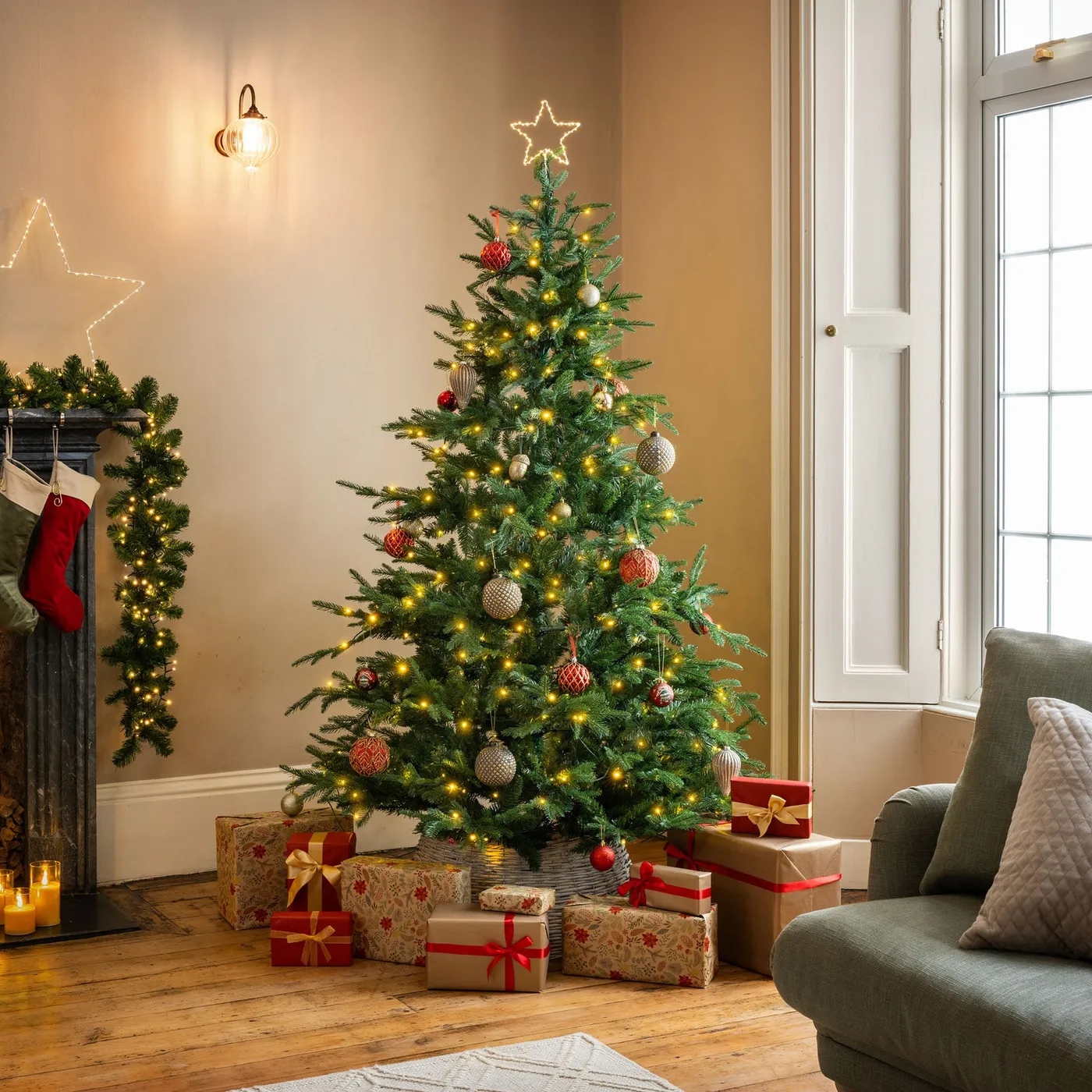 Pre-Lit Nordmann Fir Artificial Christmas Tree | 6ft–8ft | Christow