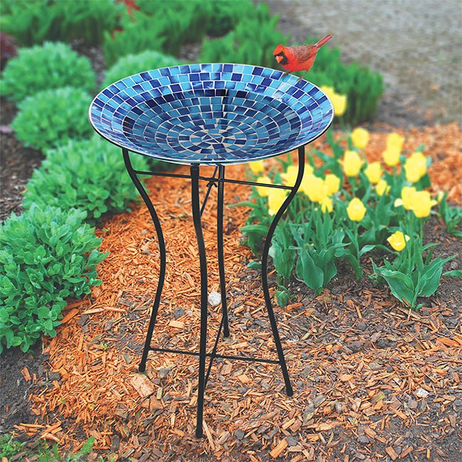 Purple Hues Mosaic Glass Birdbath with Black Metal Stand