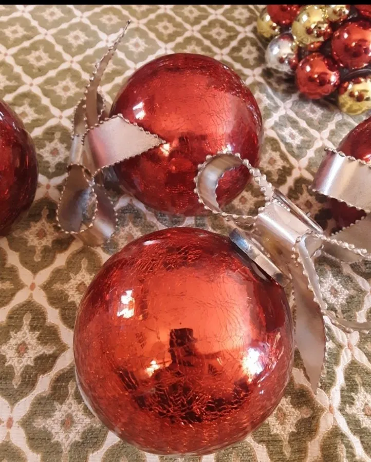 RARE LARGE Vintage Christmas Tree Ornaments Metal Ribbons (4) - Crackled Glass